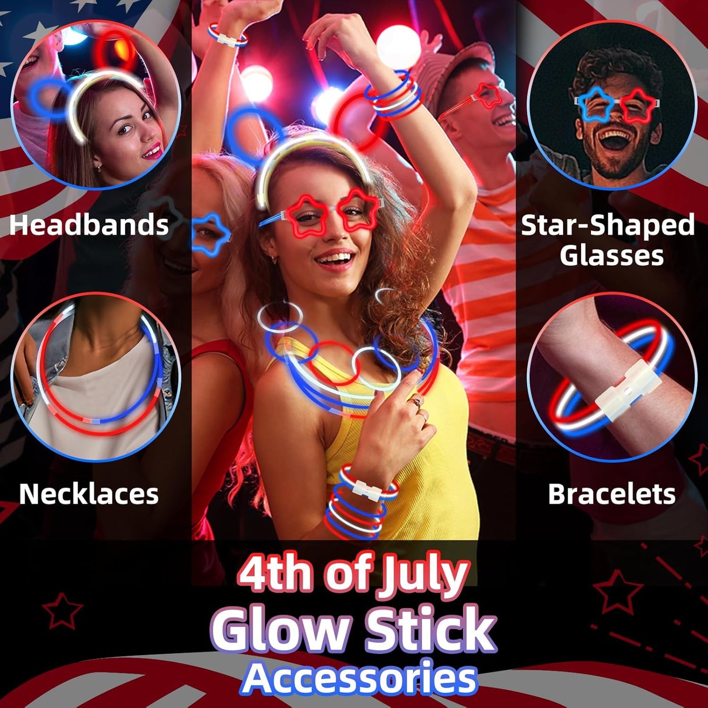 TURNMEON 248 Pcs 250th Anniversary 4th of July Light Up Party Favors, 24 Red White Blue Glasses 200 Patriotic Glow Sticks Bulk with Connectors Glow in the Dark Party Supplies Independence Day Decor