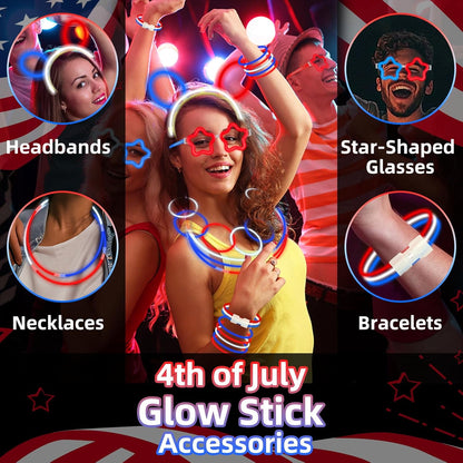 TURNMEON 248 Pcs 250th Anniversary 4th of July Light Up Party Favors, 24 Red White Blue Glasses 200 Patriotic Glow Sticks Bulk with Connectors Glow in the Dark Party Supplies Independence Day Decor