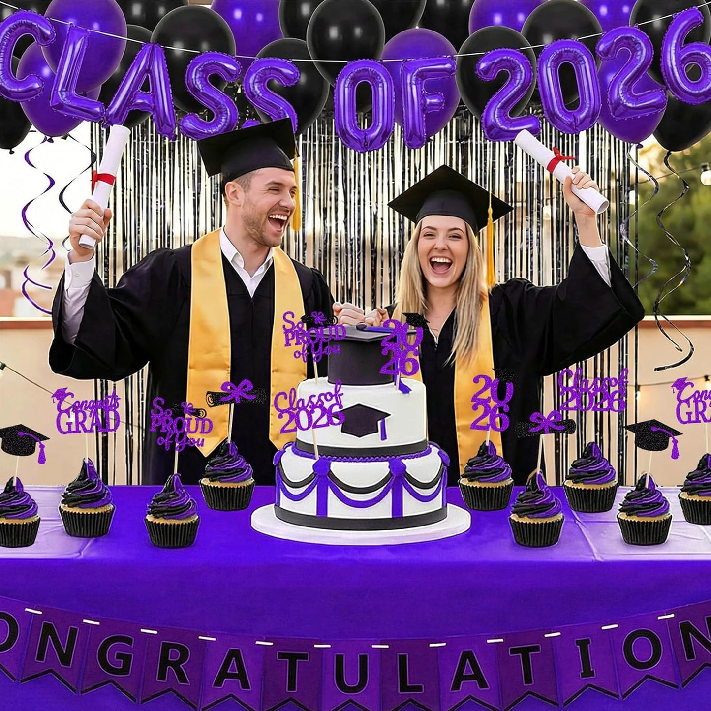 24 Pcs Graduation Cupcake Toppers 2026 - Congrats Grad Decorations Class of 2026, Pre-Assembled Black Gold Grad Cake Topper Centerpieces for Graduation Party Decoration Supplies Table Decor, 6 Styles