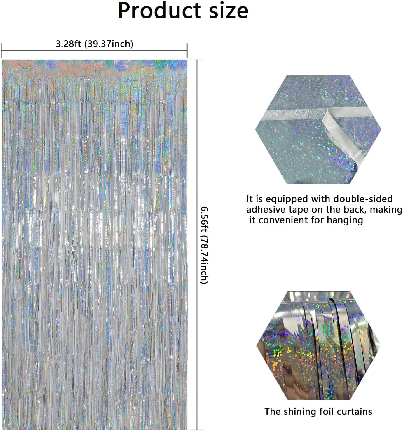 Iridescent Party Decorations Fringe Backdrop, Sparkling Holographic Foil Fringe Tinsel Curtains for Frozen Mermaid Birthday Party Decor - 3.28x6.56ft 2 Packs
