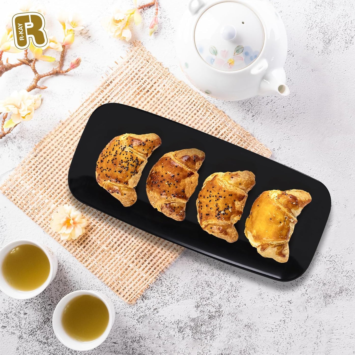 R-kay 4 Pack White Plastic Serving Trays for Party - White Serving Tray 17 by 6.5 in - Rectangular Heavy Duty Dessert Trays for Food