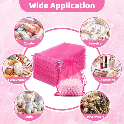 FUNFERY 100 Pcs White Organza Bags 3x4 in, Small Mesh Drawstring Gift Bags for Sachet, Jewelry, Wedding Favor, Candy Goodie Treat Bag,Easter Day
