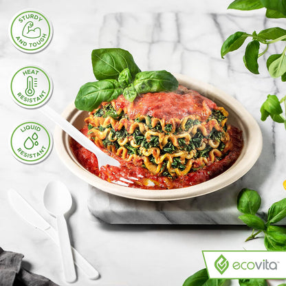 Ecovita 100% Compostable Forks Spoons Knives Cutlery Combo Set - 380 Large Disposable Utensils (7 in.) Eco Friendly Durable and Heat Resistant Alternative to Plastic Silverware with Convenient Tray