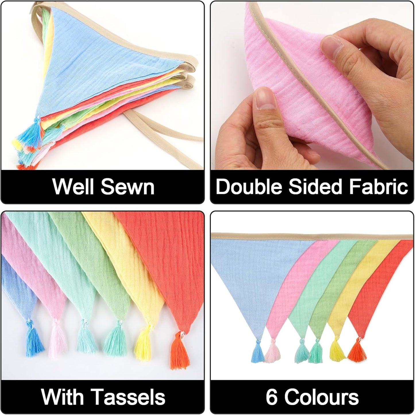 G2PLUS Cotton Fabric Bunting Banner, 9Ft Green Triangle Pennant Banner Flag, 12pcs Double-Sided Bunting Garland with Tassels for Birthday, Nursery, Baby Shower, Classroom Hanging Decor