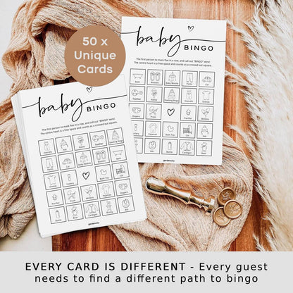 GardenCity Baby Shower Bingo Game, 50 Unique Pre-Filled Cards, Baby Shower Games for Boy or Girl, Minimalist