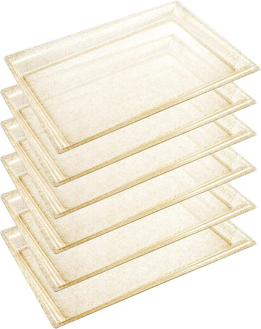 I00000 8 Pack White Plastic Serving Tray, 15" x 10" Rectangle Food Trays, Disposable Serving Platter for Parties, Internal Inclined Design Perfect for Weddings and Party