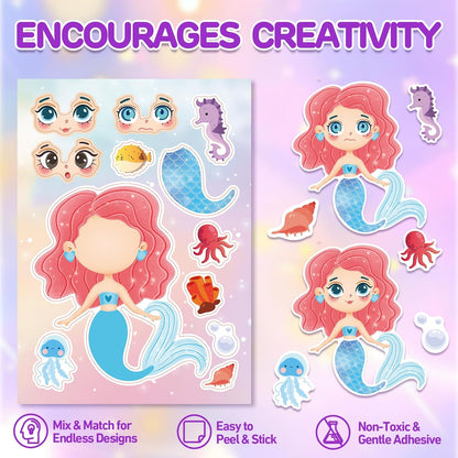 Aowplc 36 Pcs Make-A-Face Sticker Sheets Kids Party Favors Mix and Match Stickers with Dinosaurs, Mermaids, Unicorns, Horses, Farm & Sea Animals for Parties, Birthdays, Classroom Activities & Crafts