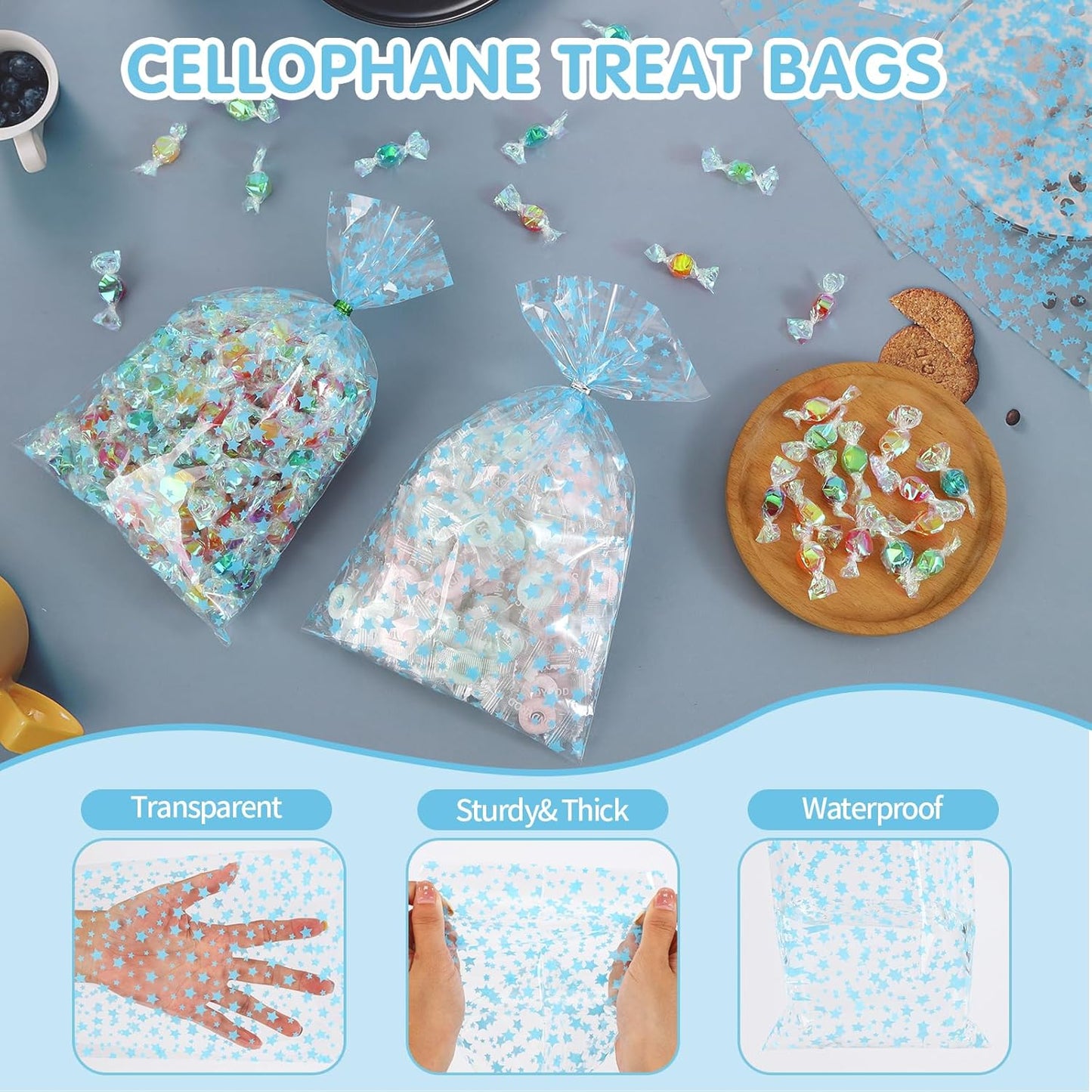 100 Pcs Star Printed 5"X 7" Gift Wrap Cello Cellophane Treat Bags Party Favor bags Clear Candy Cookie Bag Plastic Poly Goodie Storage Bag with Twist Ties for Bakery,Birthday, Wedding ,Party Decorations (Gold)
