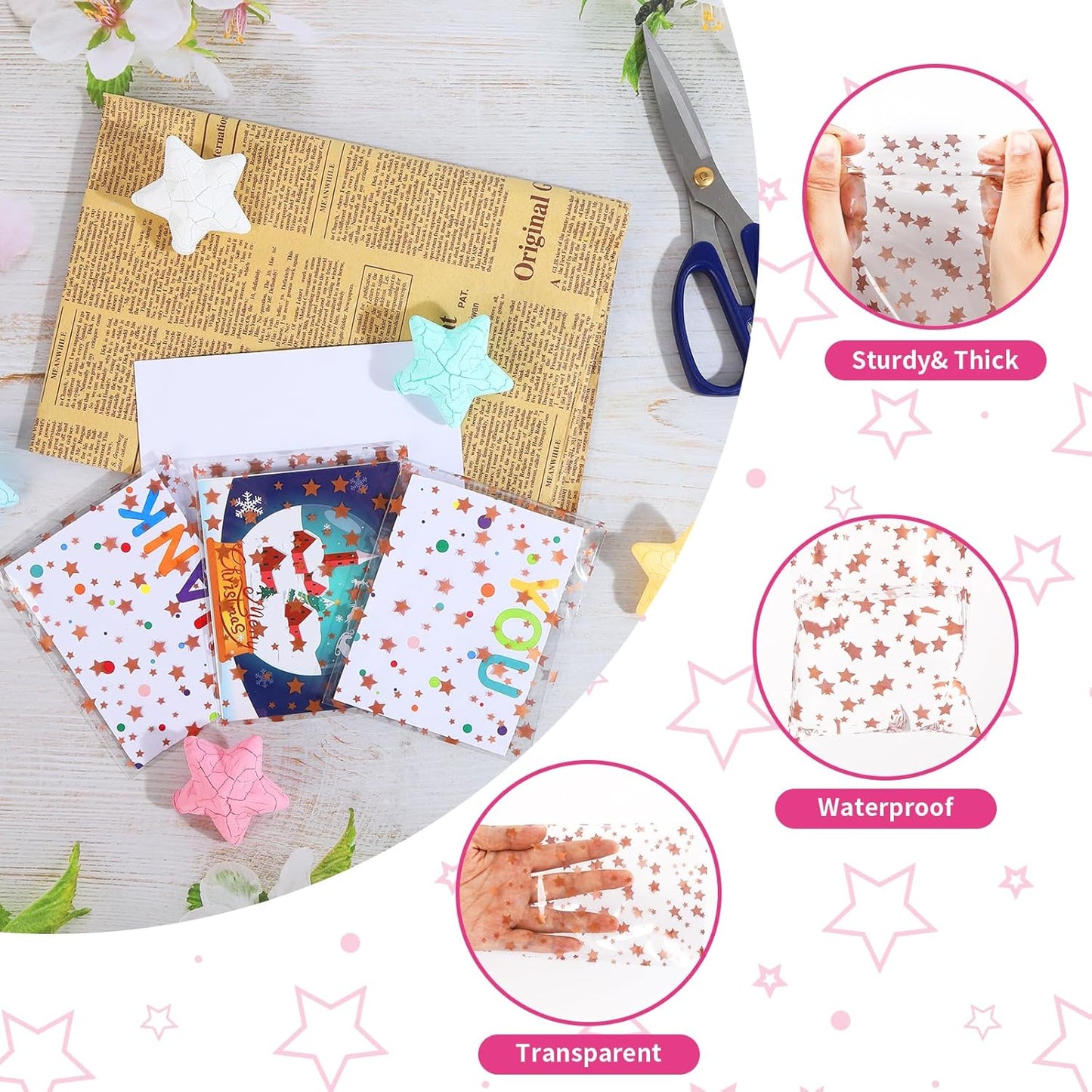 100 Pcs Star Printed 5"X 7" Gift Wrap Cello Cellophane Treat Bags Party Favor bags Clear Candy Cookie Bag Plastic Poly Goodie Storage Bag with Twist Ties for Bakery,Birthday, Wedding ,Party Decorations (Gold)