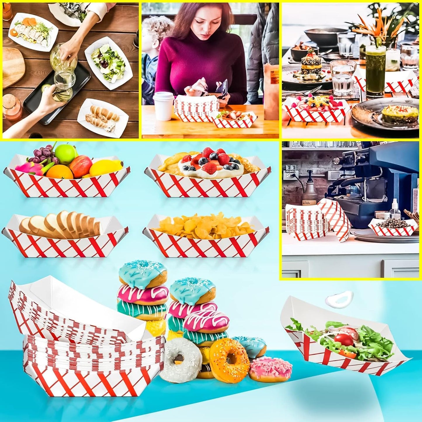 100 Pack 3lb Paper Food Trays,Disposable Greaseproof Kraft Checkered Carnival Food Serving Take Out Basket Tray Boat for Snacks Fries Nachos Popcorn Hot Dogs Carnival Wedding Party Picnic