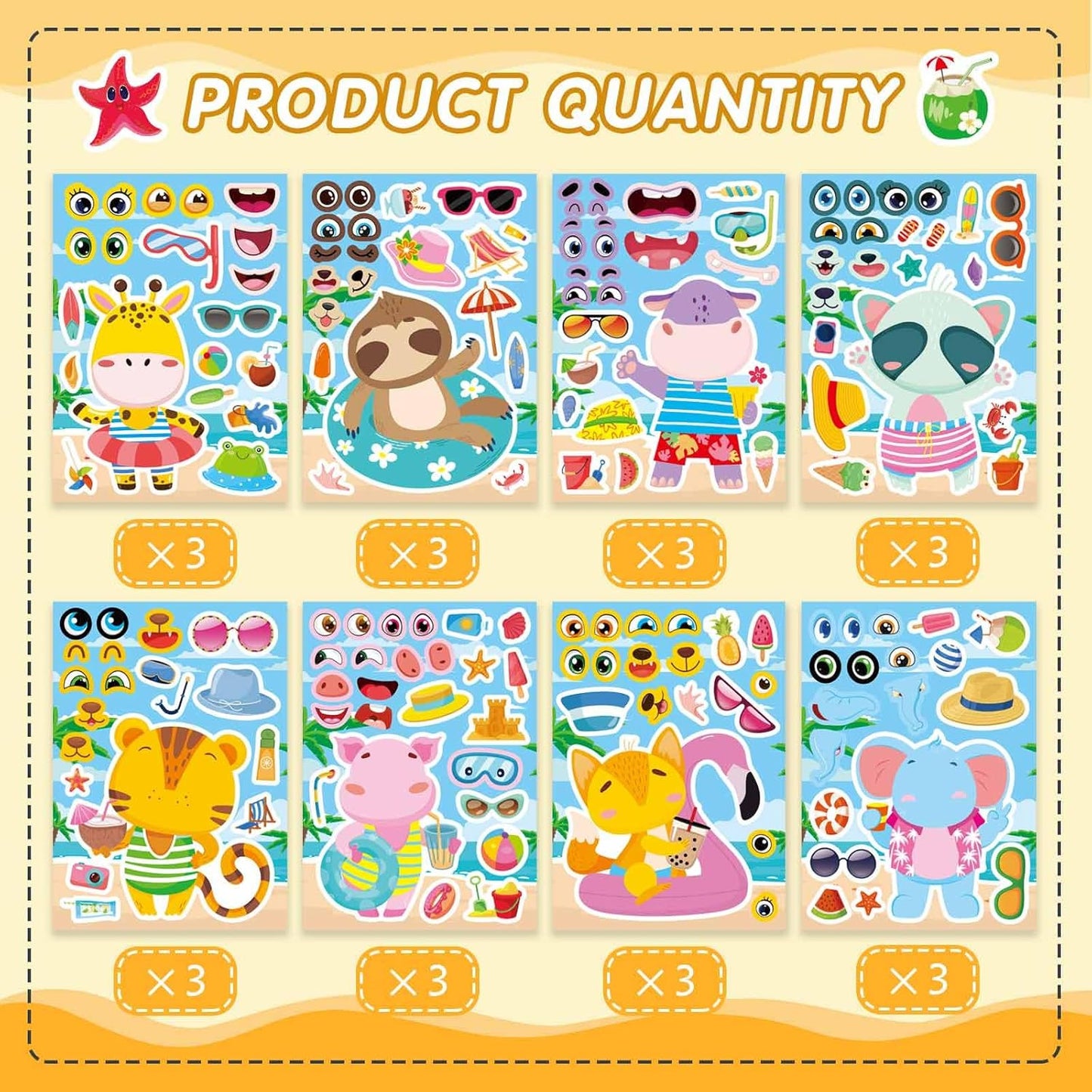 24 Sheets Summer Stickers for Kids Toddlers, Make-a-face Stickers for Kids Classroom Make Your Own Animal Mix & Match Sticker, Pool Beach Luau Hawaii Sticker, Summer Holiday Party Favors