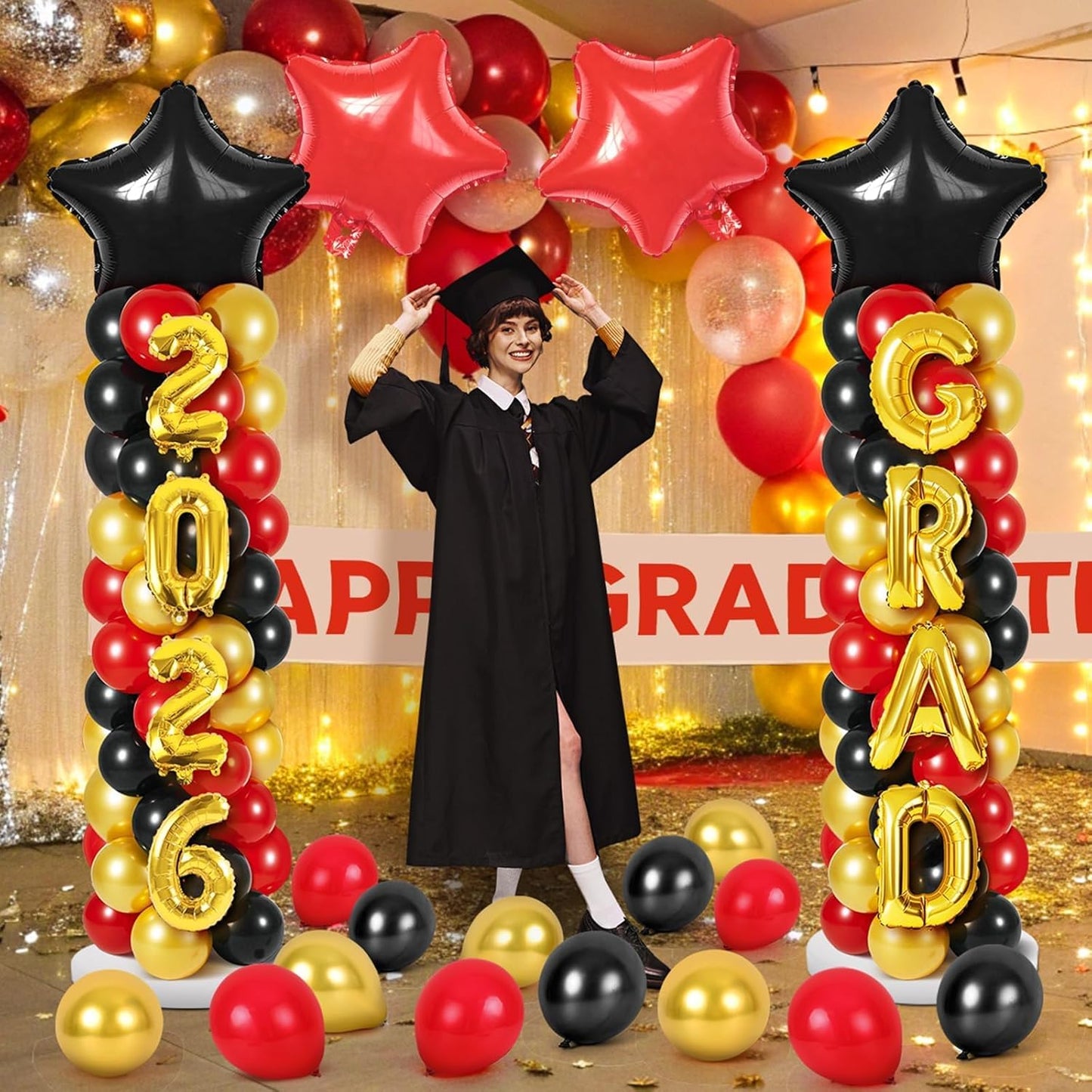 2 Sets Graduation Balloon Column Stand Kits with Balloons 2026 Grad Themed Decoration Navy Blue Balloon Tower Stand Kit for Grad High School & College Celebration Party Decor
