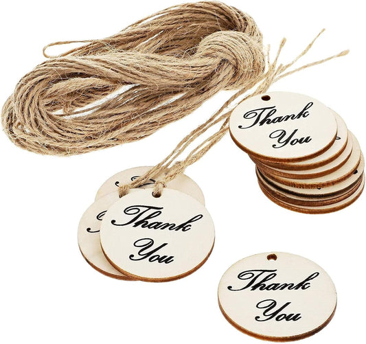 Juvale Thank You Tags - Wooden Gift Tags with Twine for Baby Shower & Bridal Shower Favors - 1.5 in Round, Brown, 100 Pack