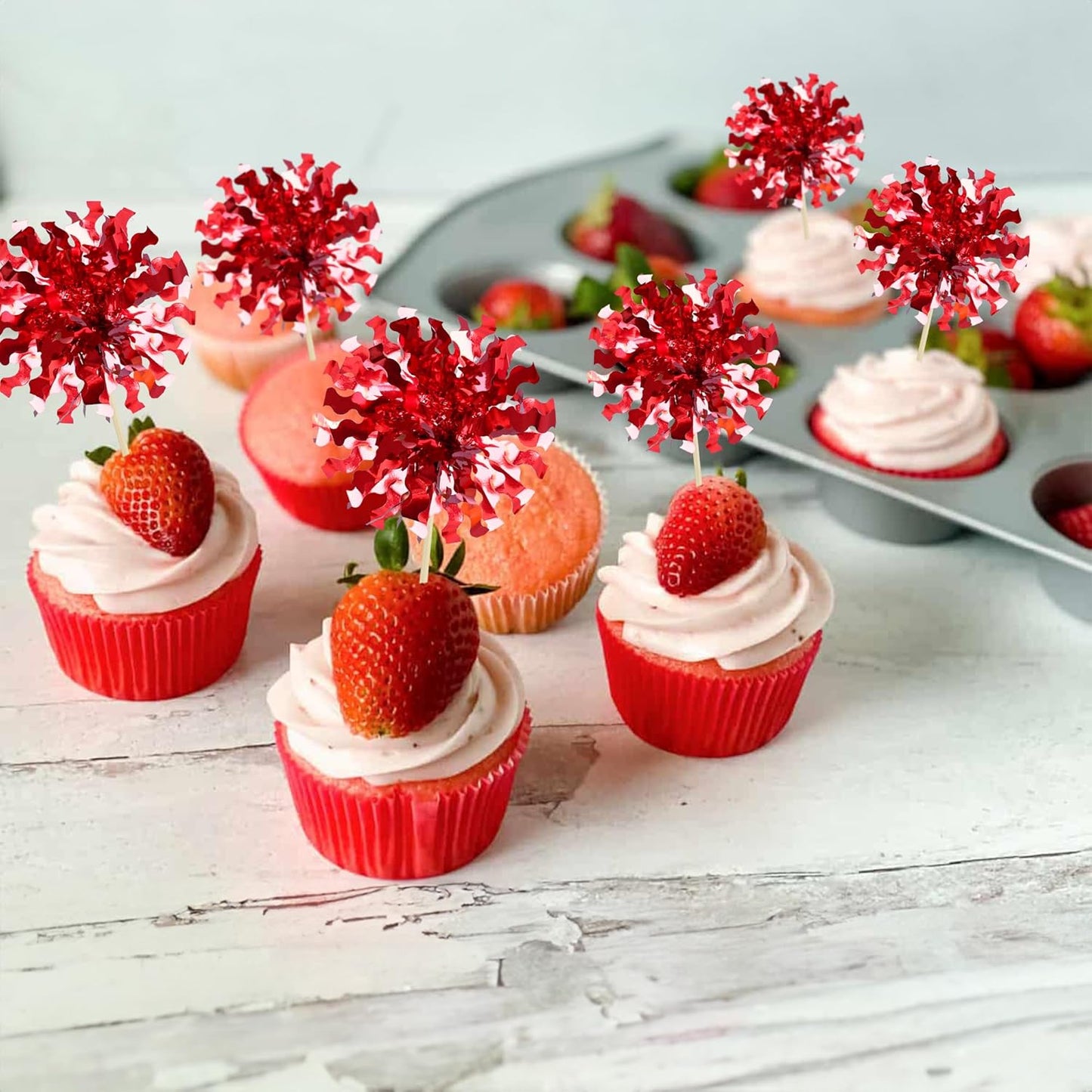 Ephlyn 30Pcs Foil Firework Cupcake Toppers Sparkle Tinsel Cupcake Picks Drink Stirrers Cocktail Food Fruit Toothpicks for Baby Shower Graduation Party Supplies White