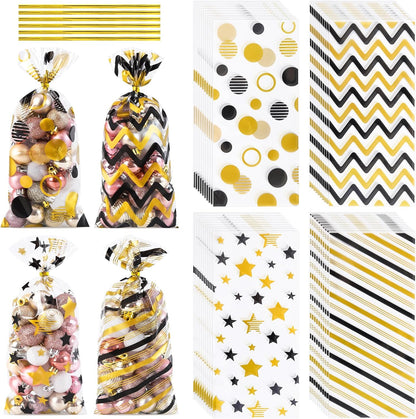 100 Pcs Star Printed 5"X 7" Gift Wrap Cello Cellophane Treat Bags Party Favor bags Clear Candy Cookie Bag Plastic Poly Goodie Storage Bag with Twist Ties for Bakery,Birthday, Wedding ,Party Decorations (Gold)