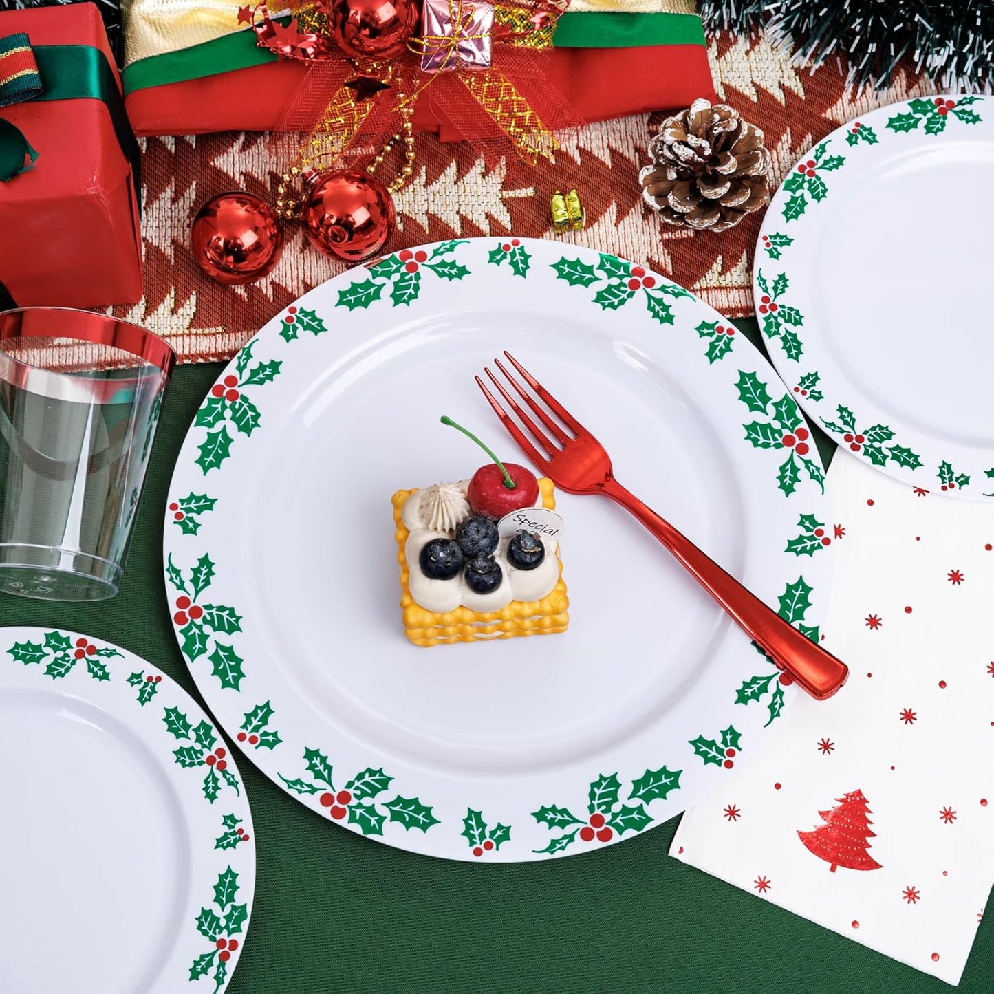 350 Pieces Black and Gold Plastic Plates with Disposable Silverware, Include 50 Dinner Plates 9”, 50 Dessert Plates 6.3”, 50 Black Cups 9 OZ, 50 Pre Rolled Napkins for Wedding Party Graduation