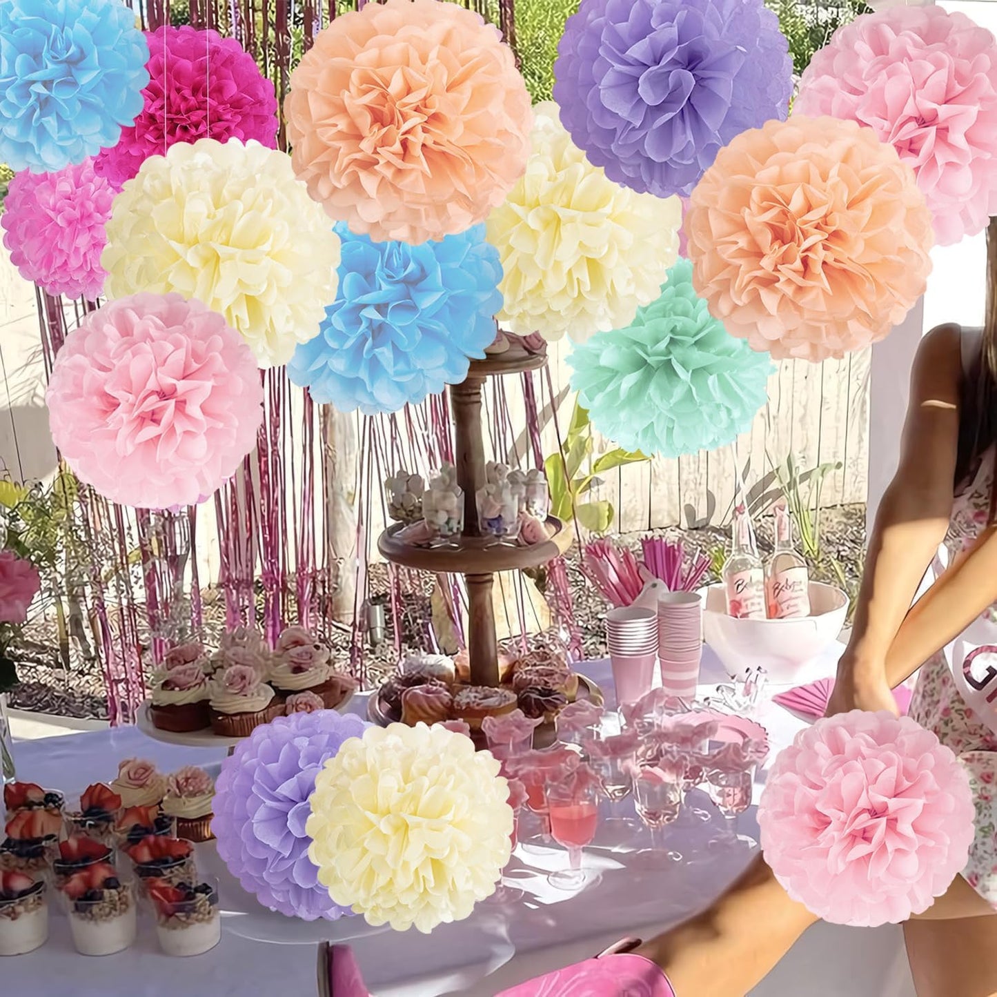 16PCS Pastel Paper Tissue Pom Poms Decoration Macaron Rainbow Candy Ice Cream Easter Paper Flower Balls Wall Hanging Decor for Birthday Wedding Spring Pastel Decoration