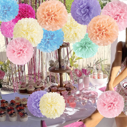 16PCS Pastel Paper Tissue Pom Poms Decoration Macaron Rainbow Candy Ice Cream Easter Paper Flower Balls Wall Hanging Decor for Birthday Wedding Spring Pastel Decoration
