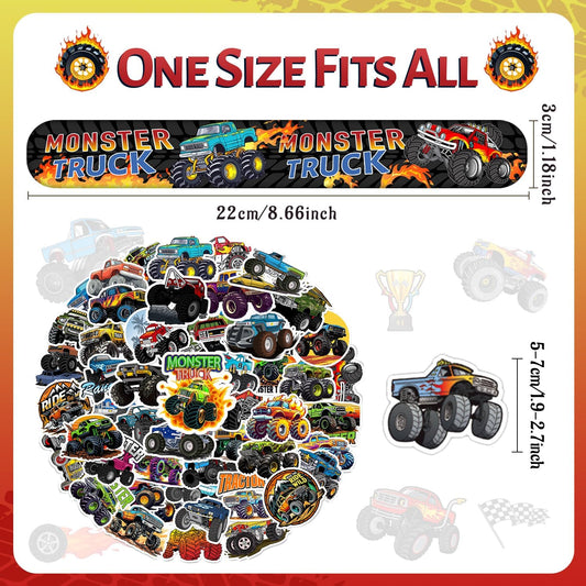 Monster Truck Party Favors - 24 Pcs Slap Bracelets, 50 Pcs Stickers, Birthday Party Decorations & Gifts for Kids