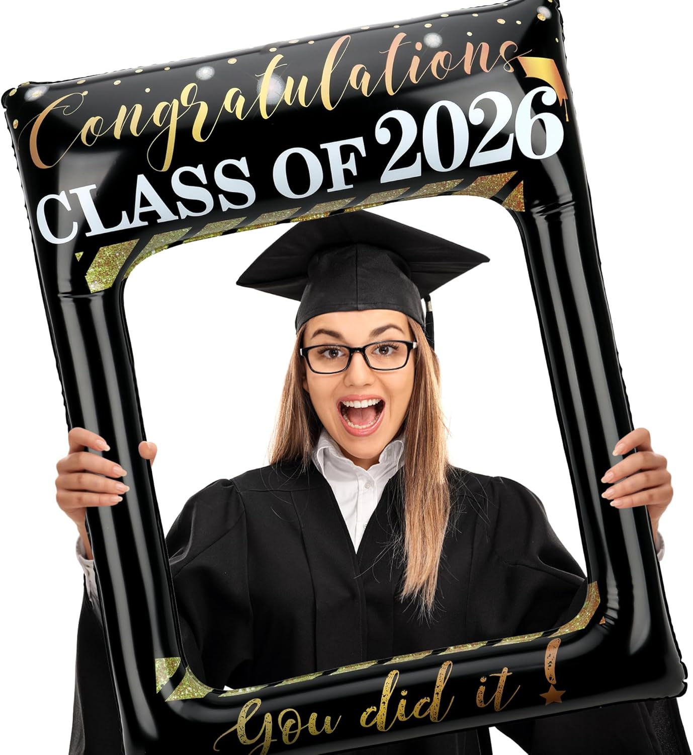 POPGIFTU Class of 2026 Graduation Photo Booth Frame, Inflatable Selfie Frame 31" x 24", Black Gold Congrats Grad Photo Booth Props for Graduation Party Decorations 2026