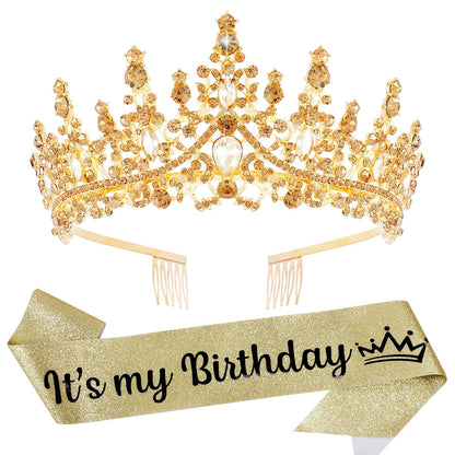VELSCRUN Purple Crystal Birthday Tiara Crowns for Women Girls It's My Birthday Sash Queen Girls Princess Crown with Combs Happy Birth Party Decorations Mom Sisters Birth Gift Hair Accessories