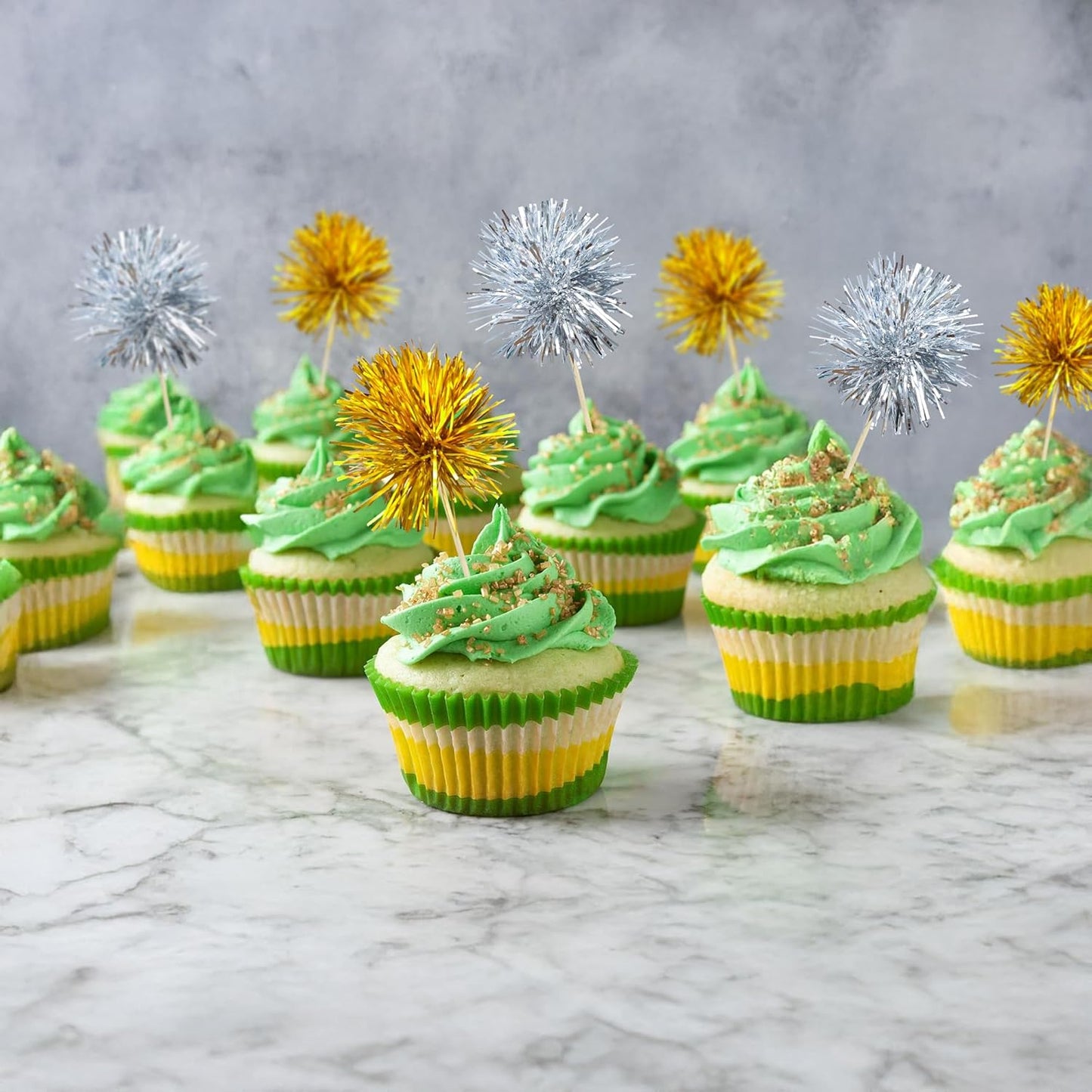Ephlyn 30Pcs Foil Firework Cupcake Toppers Sparkle Tinsel Cupcake Picks Drink Stirrers Cocktail Food Fruit Toothpicks for Baby Shower Graduation Party Supplies White