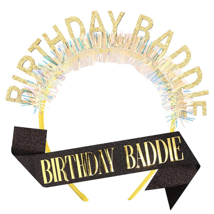 Chanaco Birthday Sash and Headband For Women Birthday Girl Sash Party Decorations Gold and Black Crown Outfit Baddie Accessories Trendy Gifts Dress