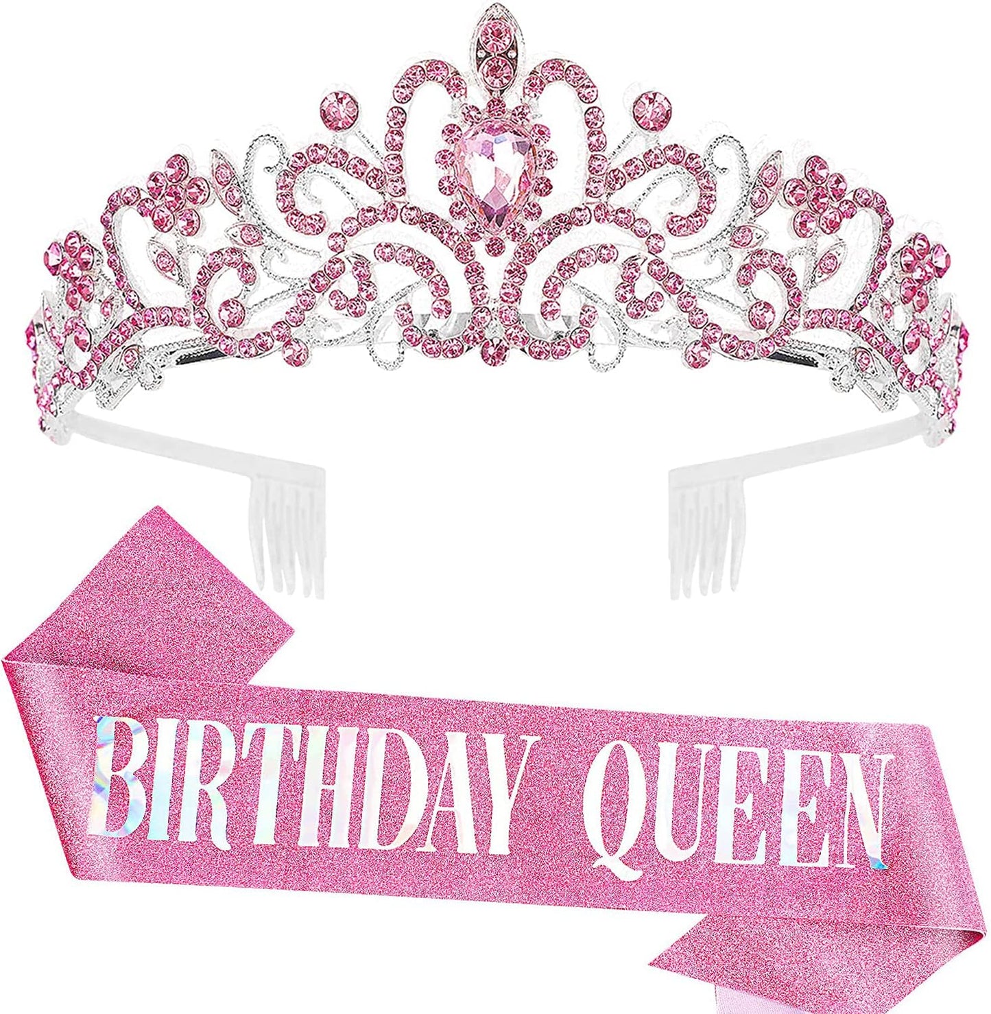 COCIDE Birthday Queen Sash & Rhinestone Tiara Set Gold Happy Birthday Crowns for Women Party Decoration Kit Rhinestone Headband for Women Glitter Crystal Hair Accessories for Cake Topper