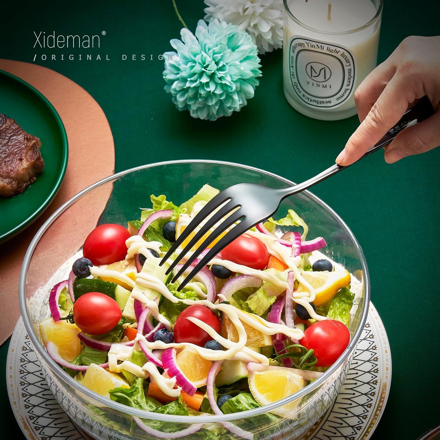 Xideman® 7-Piece Hammered 18/10 Stainless Steel Silverware Serving Utensil Set - Hostess Flatware with Cake Knife & Cake Server (Champagne Gold)