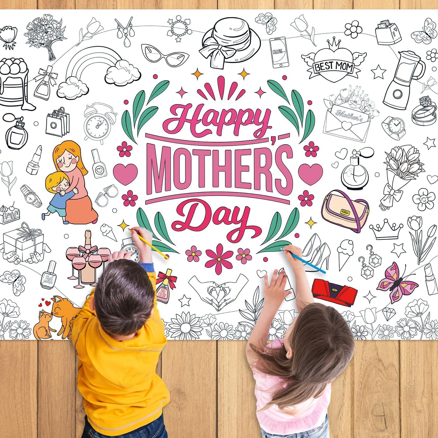 43.3x31.5 Summer Coloring Poster with Picture, Giant Cute Painting Poster, Large Coloring Tablecloth for Classroom Home Birthday Party Supplies Favor
