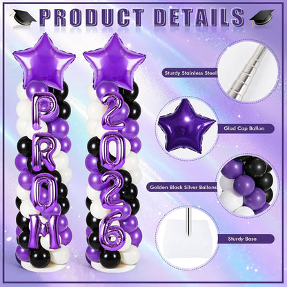 2 Sets Graduation Balloon Column Stand Kits with Balloons 2026 Grad Themed Decoration Navy Blue Balloon Tower Stand Kit for Grad High School & College Celebration Party Decor