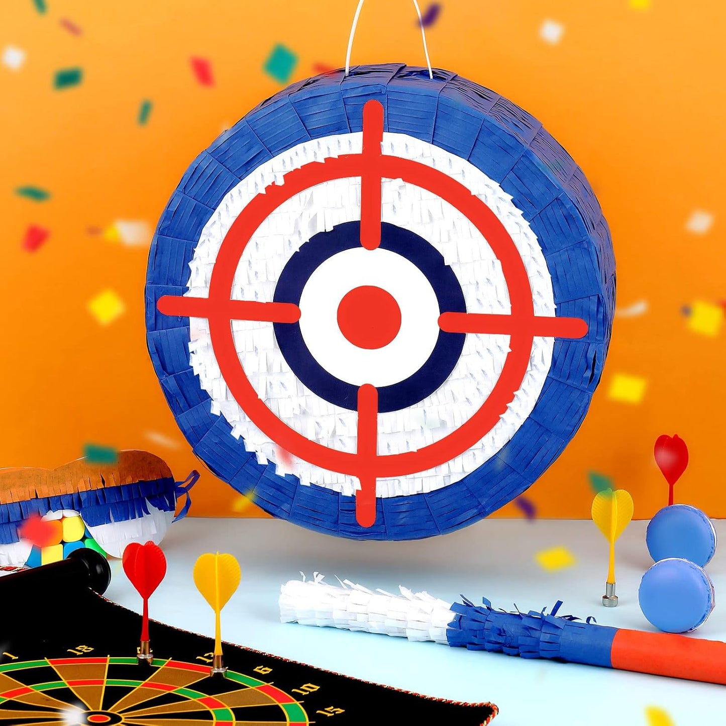 Deekin 3 Pcs Dart Piñata Set Include Large Dart Gun Shooting Target Piñata with Stick Eye Mask for Kids Birthday Party Game Favors Supplies 12.8x12.8 Inch
