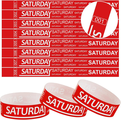 Henoyso 600 Pcs Saturday Paper Wristbands Event Admission Paper Bracelets Numbered Waterproof Party Armbands for Events Day of the Week(Red)