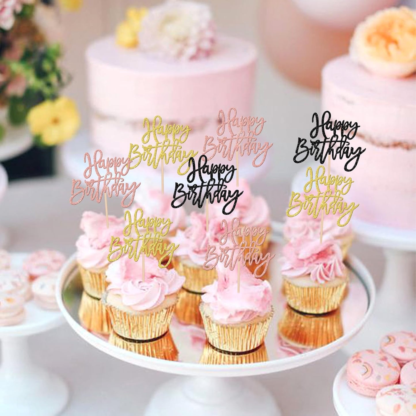 24 PCS Happy Birthday Cupcake Toppers Glitter Picks for Celebrating Anniversary Theme Party Cake Decorations Supplies Gold