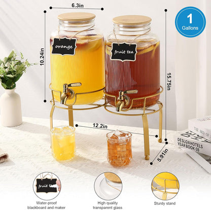 1 Gallon Glass Drink Dispenser with Stand, 2pack Drink Dispensers For Parties, Beverage Dispenser With Bamboo Lid and Stainless Steel Spigot Leakproof, Use On Sun Tea, Juice, Lemonade Dispenser