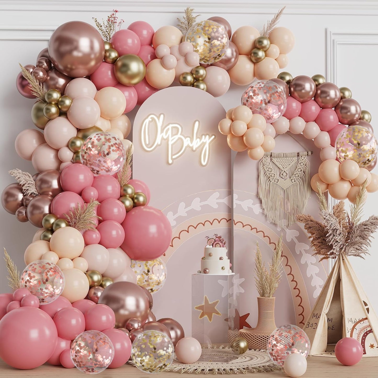 Pink Gold White Balloon Arch Kit - 144 PCs Pastel Light Pink and Beige Sand White Gold Chrome Balloons for Mothers Day Girls Women Birthday Bridal Shower Engagement Wedding Party Decorations