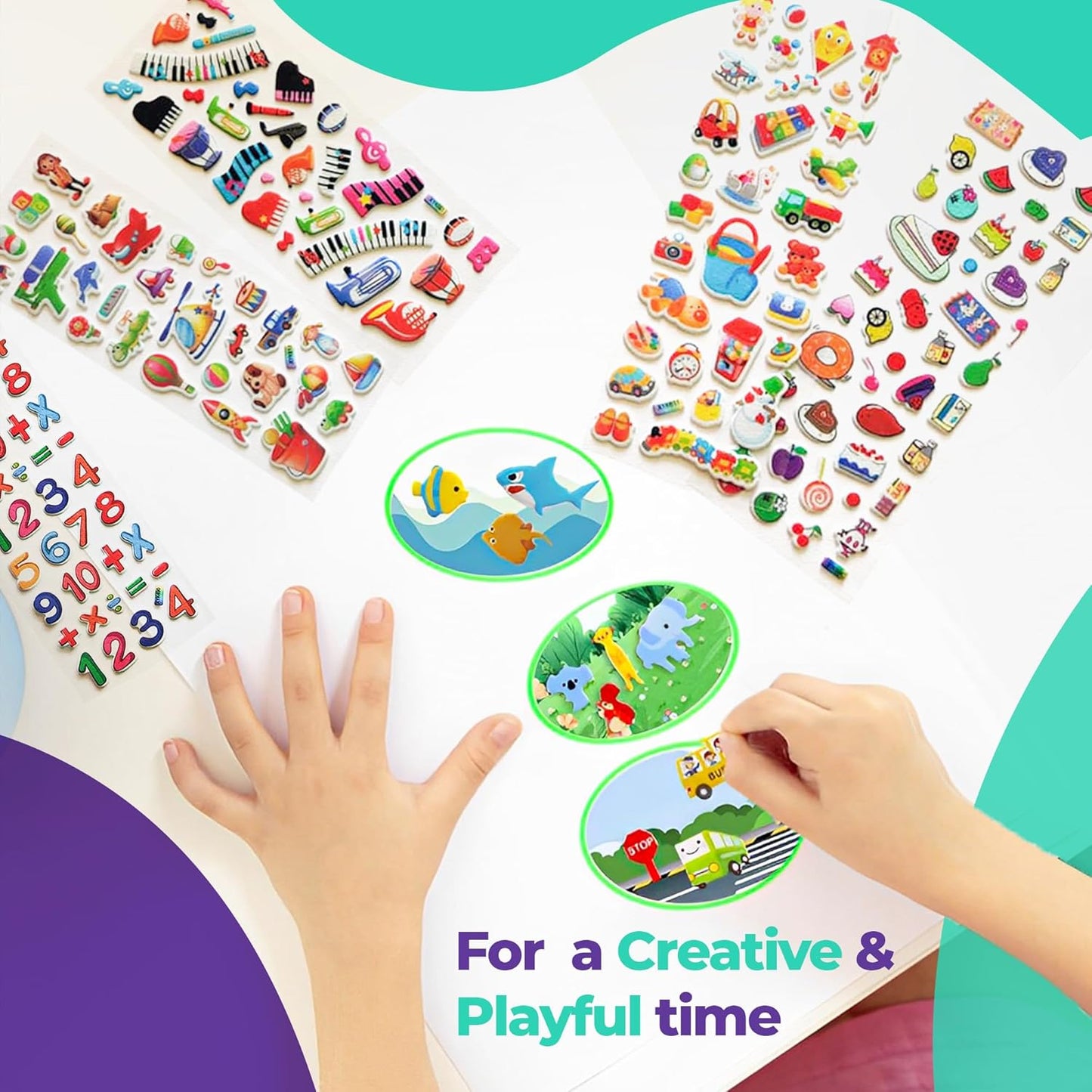 Puffy Stickers for Kids 45 Sheets - 3D Puffy Sheets - 1300+ Kids Stickers - Perfect for Party Bag Fillers, Sticker for Scrapbooking, Fun with Sticker of Cars, Letters, Numbers, Dinosaur, Stars & More