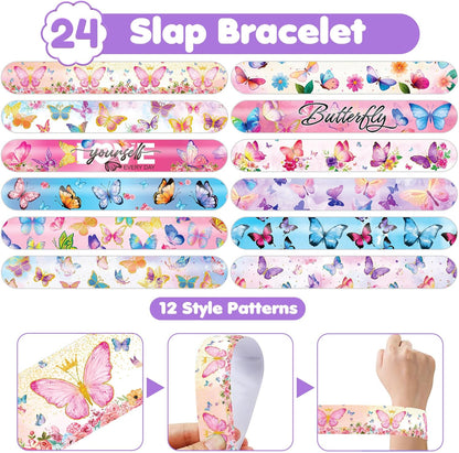 48 PCS Butterfly Party Set: 24 PCS Temporary Tattoos & 24 PCS Slap Bracelets - Cute Butterfly-Themed Gifts for Kids, Girls, Boys - Birthday Parties, Baby Showers, Classroom Rewards, Party Decorations