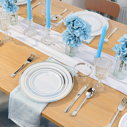 BESTVIP 350PCS Gold Plastic Dinnerware Set, Disposable Party Plates for 50 Guests, Include: 100 Plastic Plates, 50 Pre Rolled Napkins with Gold Silverware, 50 Cups