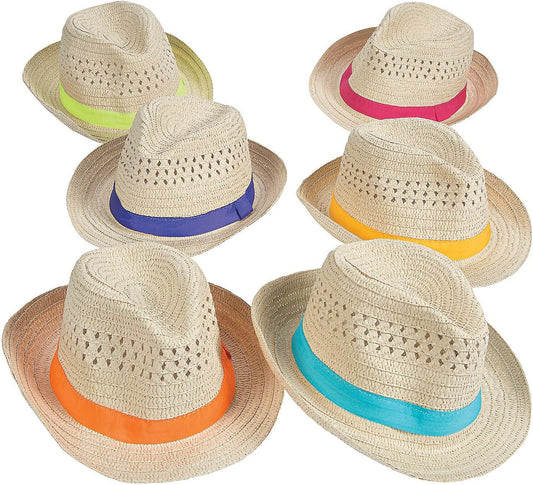 Fun Express Bulk Fedora Hats 12 Pack - Colorful Straw Party Hats for Adults & Kids | Fiesta Party Decorations for Cinco De Mayo, Birthday Celebrations & Mexican Theme Events | Assorted Rainbow Colors