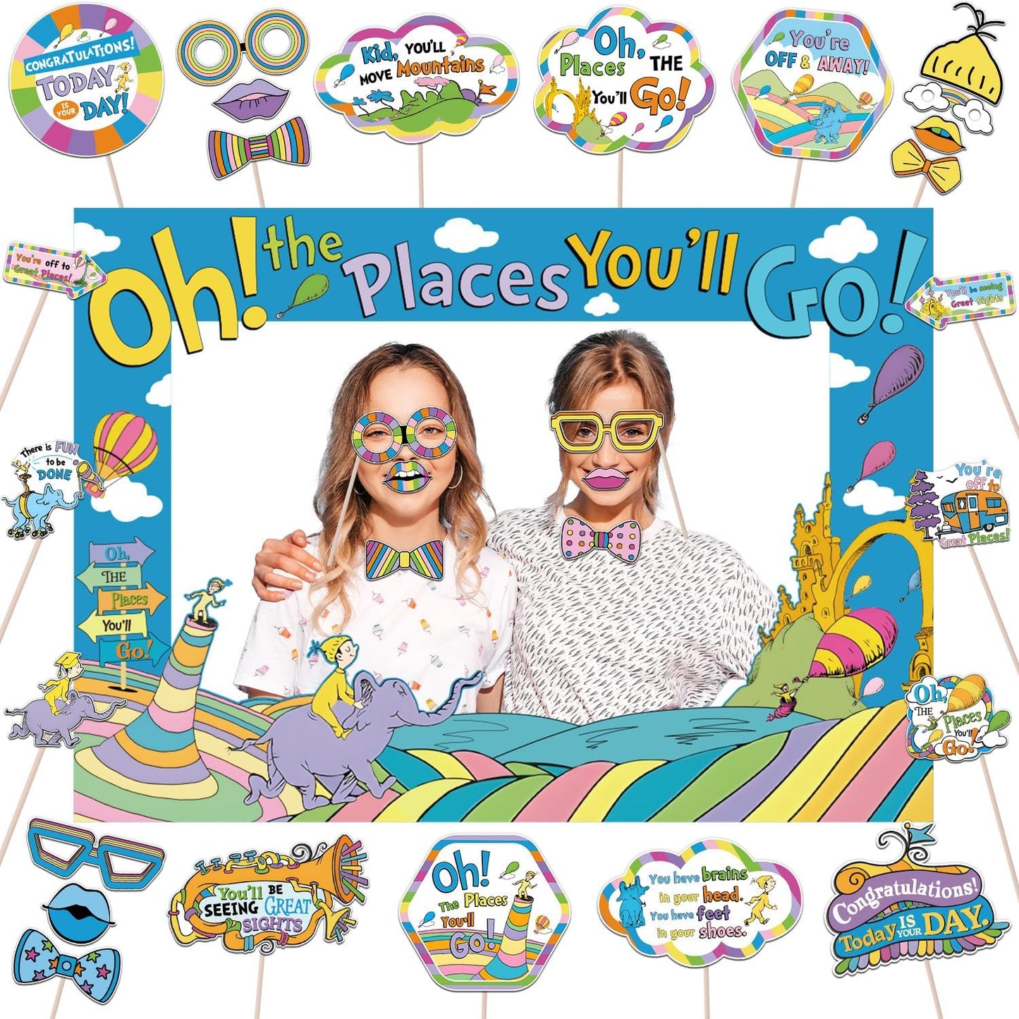 Oh The Places You'll Go Decorations, DIY Large Photo Frame and 30Pcs Selfie Photo Props Kit Dr Seu Birthday Decorations Graduation Photo Booth Props for Kindergarten Graduations Classroom Decor