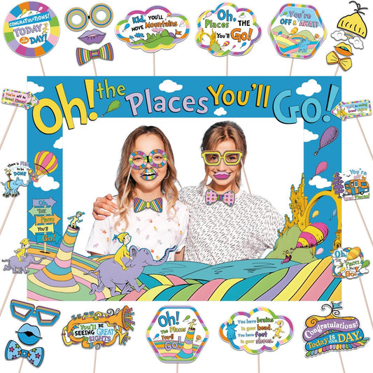 Oh The Places You'll Go Decorations, DIY Large Photo Frame and 30Pcs Selfie Photo Props Kit Dr Seu Birthday Decorations Graduation Photo Booth Props for Kindergarten Graduations Classroom Decor