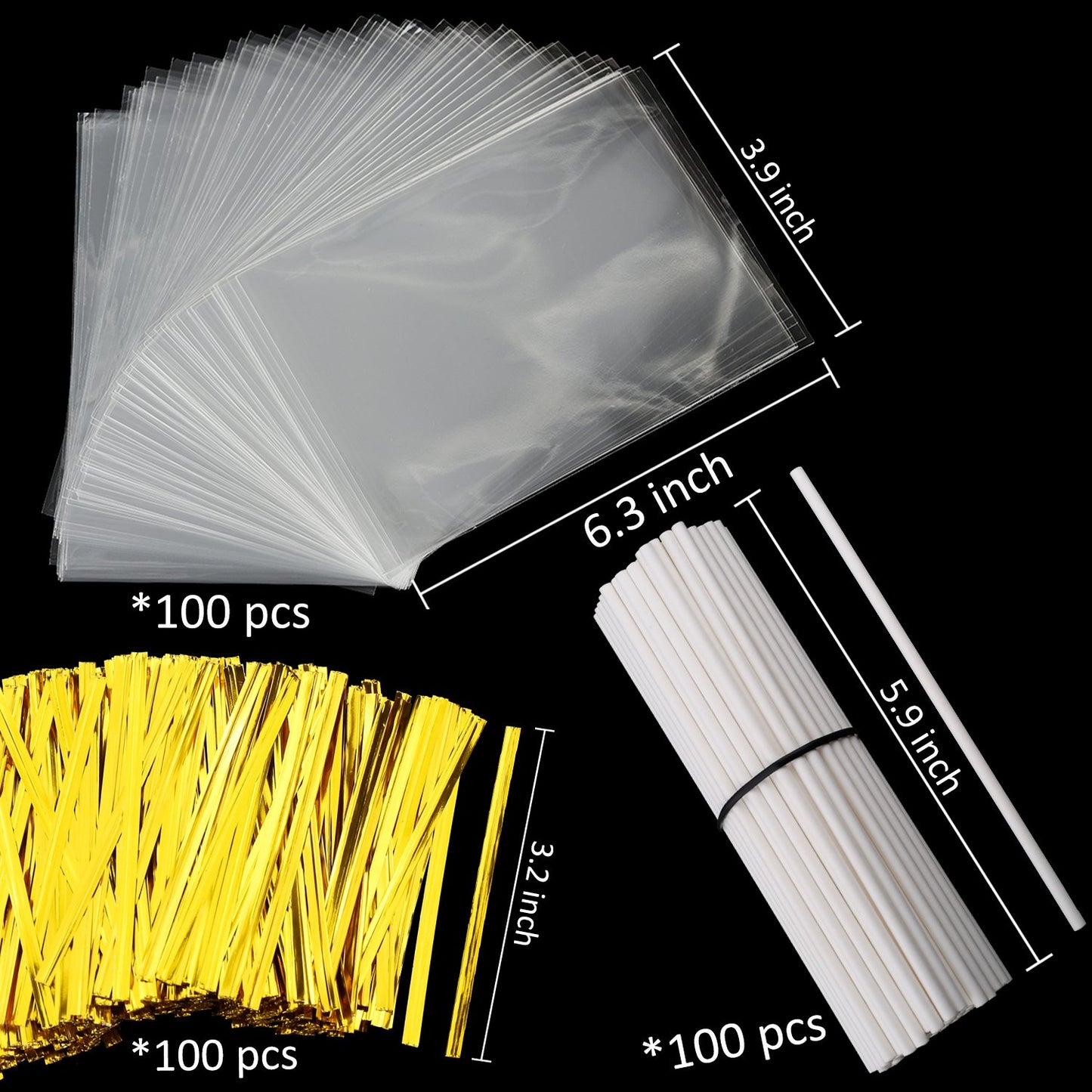 Augshy 300Pcs 6 Inch Cake Pops Making Tools - 100Pcs Cake Pop Sticks, Bags and Twist Ties