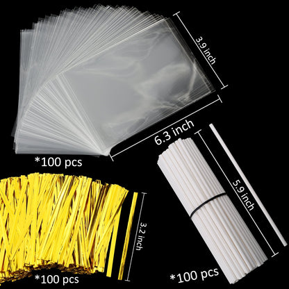 Augshy 300Pcs 6 Inch Cake Pops Making Tools - 100Pcs Cake Pop Sticks, Bags and Twist Ties