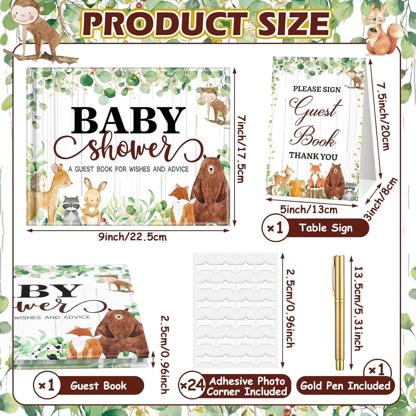Fuyoooo 27 Pcs Safari Animal Baby Shower Guest Book Set Baby Shower Sign in Guest Floral Book Place Table Cards with Gold Pen Adhesive Photo Corner for Birthday Party