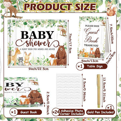 Fuyoooo 27 Pcs Safari Animal Baby Shower Guest Book Set Baby Shower Sign in Guest Floral Book Place Table Cards with Gold Pen Adhesive Photo Corner for Birthday Party