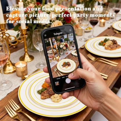 WELLIFE 350-Piece Gold Disposable Plates and Cutlery Set - Premium 10.25" Dinner Plates, 7.5" Dessert Plates, 9oz Cups & Cutlery for Weddings, Catering Events - 50 Guest Service - Elegant & Sturdy