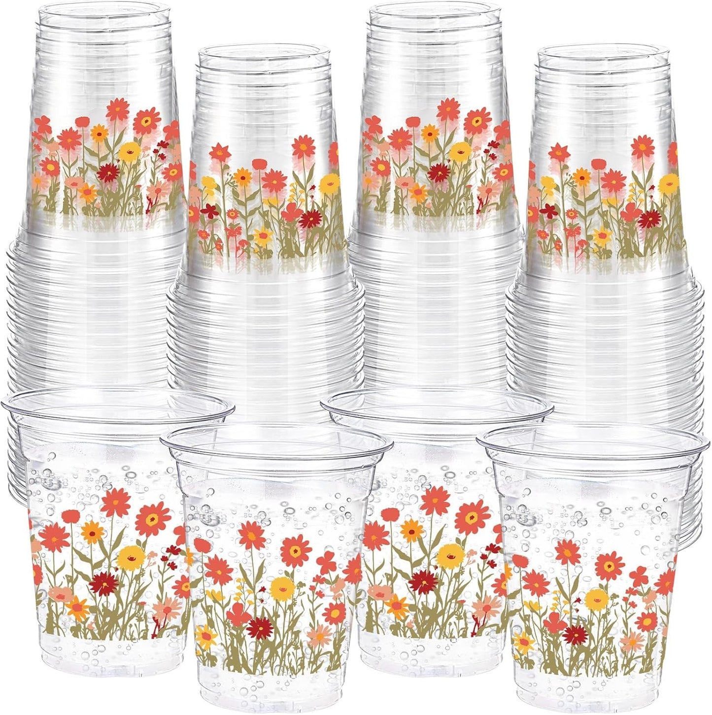 Hushee 60 Pcs Purple Floral Cups with Spring Summer Flower 16 oz Wildflowers Plastic Disposable Drinking Cups for Summer Spring Birthday Baby Shower Wedding Party Supplies