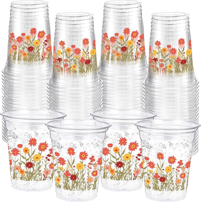 Hushee 60 Pcs Purple Floral Cups with Spring Summer Flower 16 oz Wildflowers Plastic Disposable Drinking Cups for Summer Spring Birthday Baby Shower Wedding Party Supplies