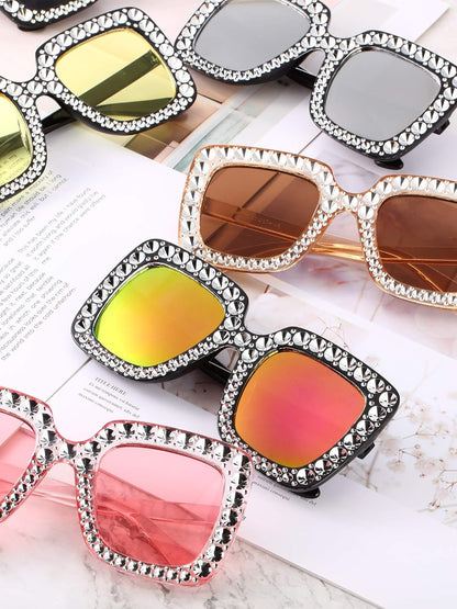 Frienda 6 Pairs Rhinestone Oversized Square Sunglasses 70s Women Dazzled Sunglasses for Disco Party Concert Photo Props